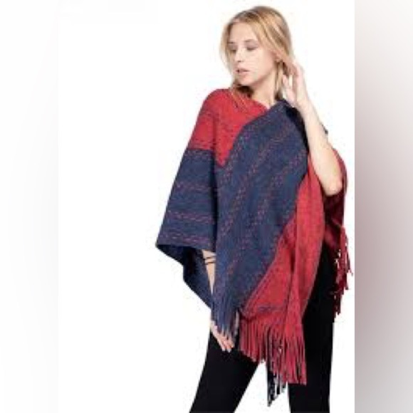 Elegant Blue and Red Women's Poncho Wrap - Picture 3 of 4